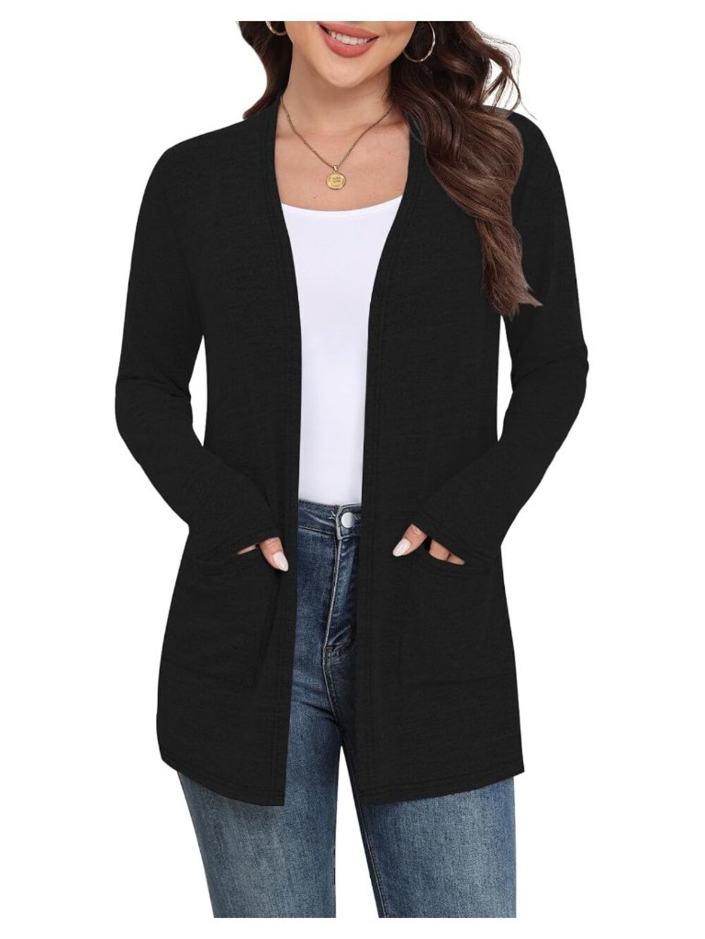 Womens Lightweight Open Front Cardigan Long Sleeve Knit with Pockets
